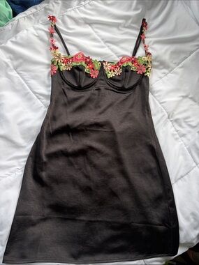 Princess Polly Black Dress with Pink & Green Floral Embroidery